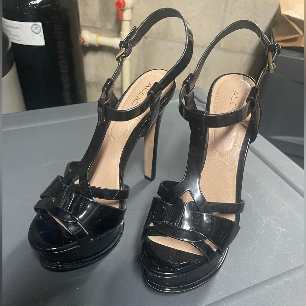 Aldo Glossy Black Strappy Heels